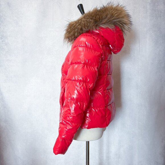 ZIAI Wet Look Red Puffer Hooded Jacket Coat Detachable Faux Fur Trim Size M - Picture 4 of 16
